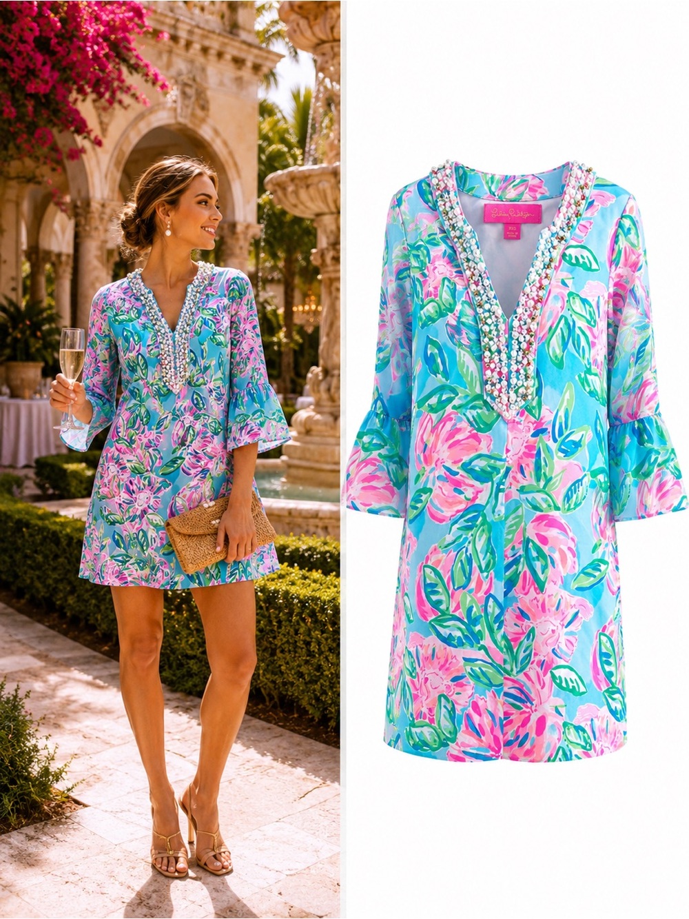 Lilly Pulitzer Elenora Silk Dress XXS Totally Blossom Pearl Beaded 100% Silk